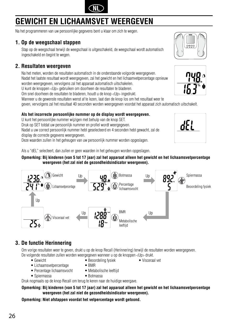 Gewicht en lichaamsvet weergeven, Op de weegschaal stappen, Resultaten weergeven | De functie herinnering | Tanita BC-730 User Manual | Page 28 / 52