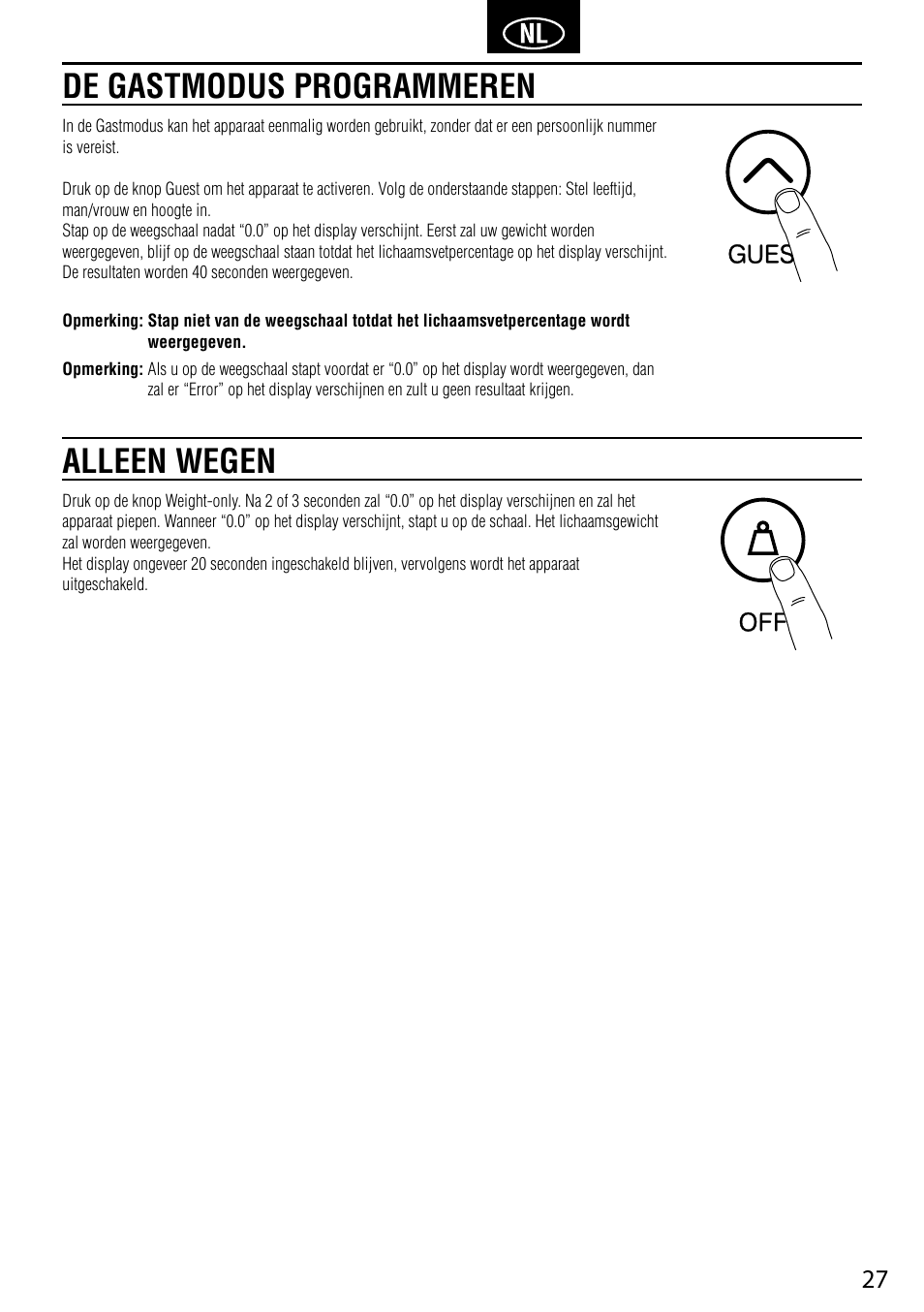 De gastmodus programmeren, Alleen wegen | Tanita BC-730 User Manual | Page 29 / 52