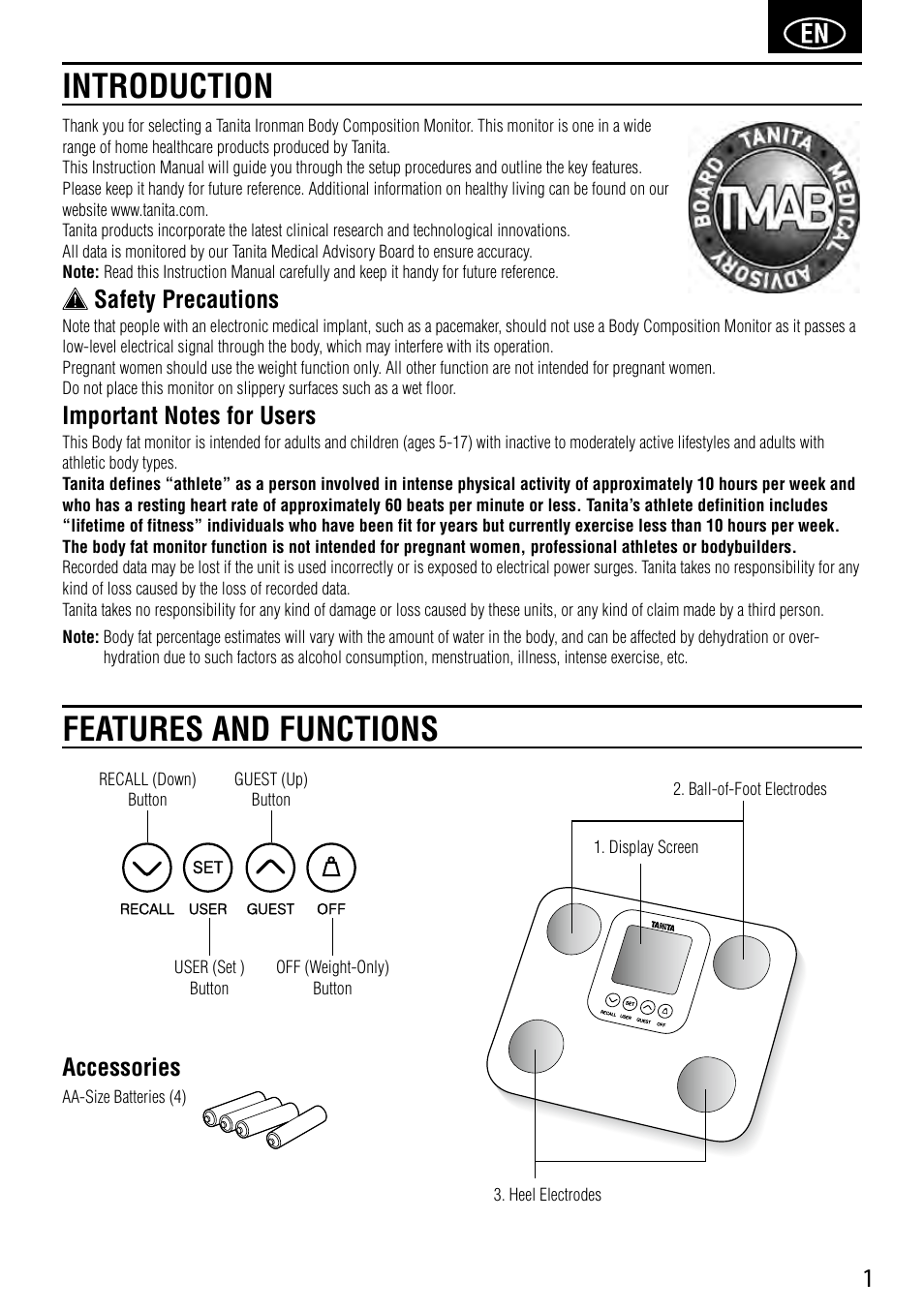 Introduction features and functions, Safety precautions, Accessories | Tanita BC-730 User Manual | Page 3 / 52