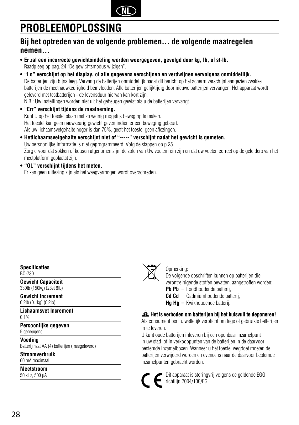 Probleemoplossing | Tanita BC-730 User Manual | Page 30 / 52