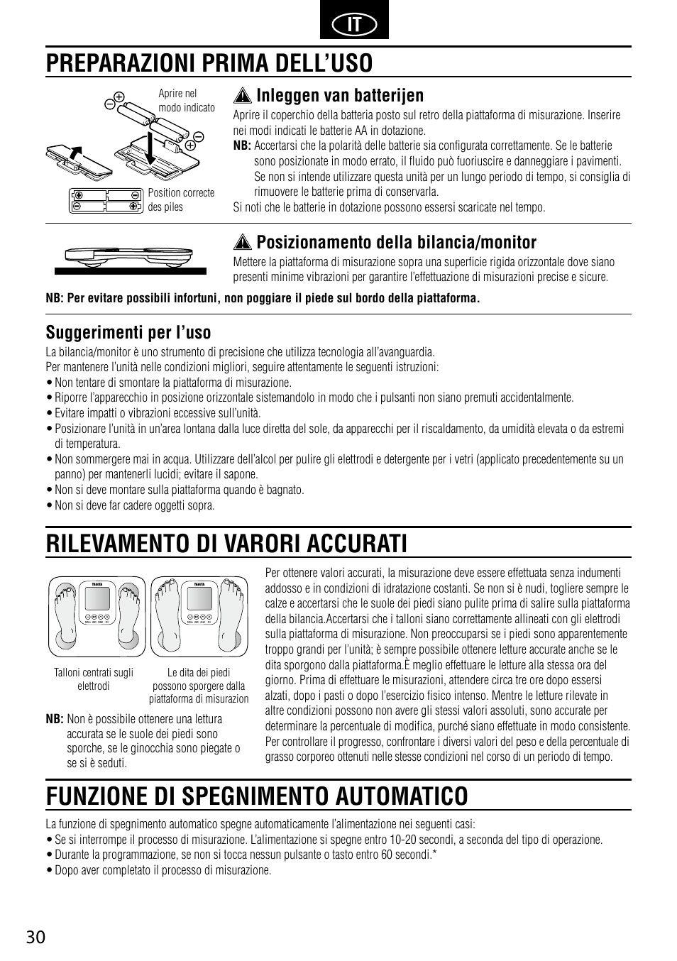 Suggerimenti per l’uso, Inleggen van batterijen, Posizionamento della bilancia/monitor | Tanita BC-730 User Manual | Page 32 / 52