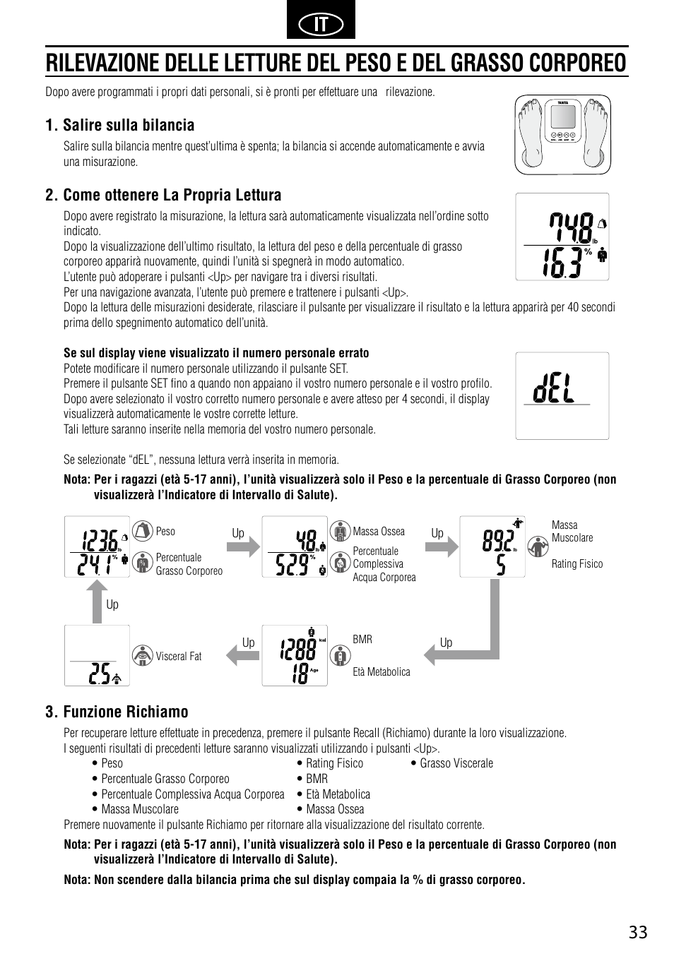 Salire sulla bilancia, Come ottenere la propria lettura, Funzione richiamo | Tanita BC-730 User Manual | Page 35 / 52