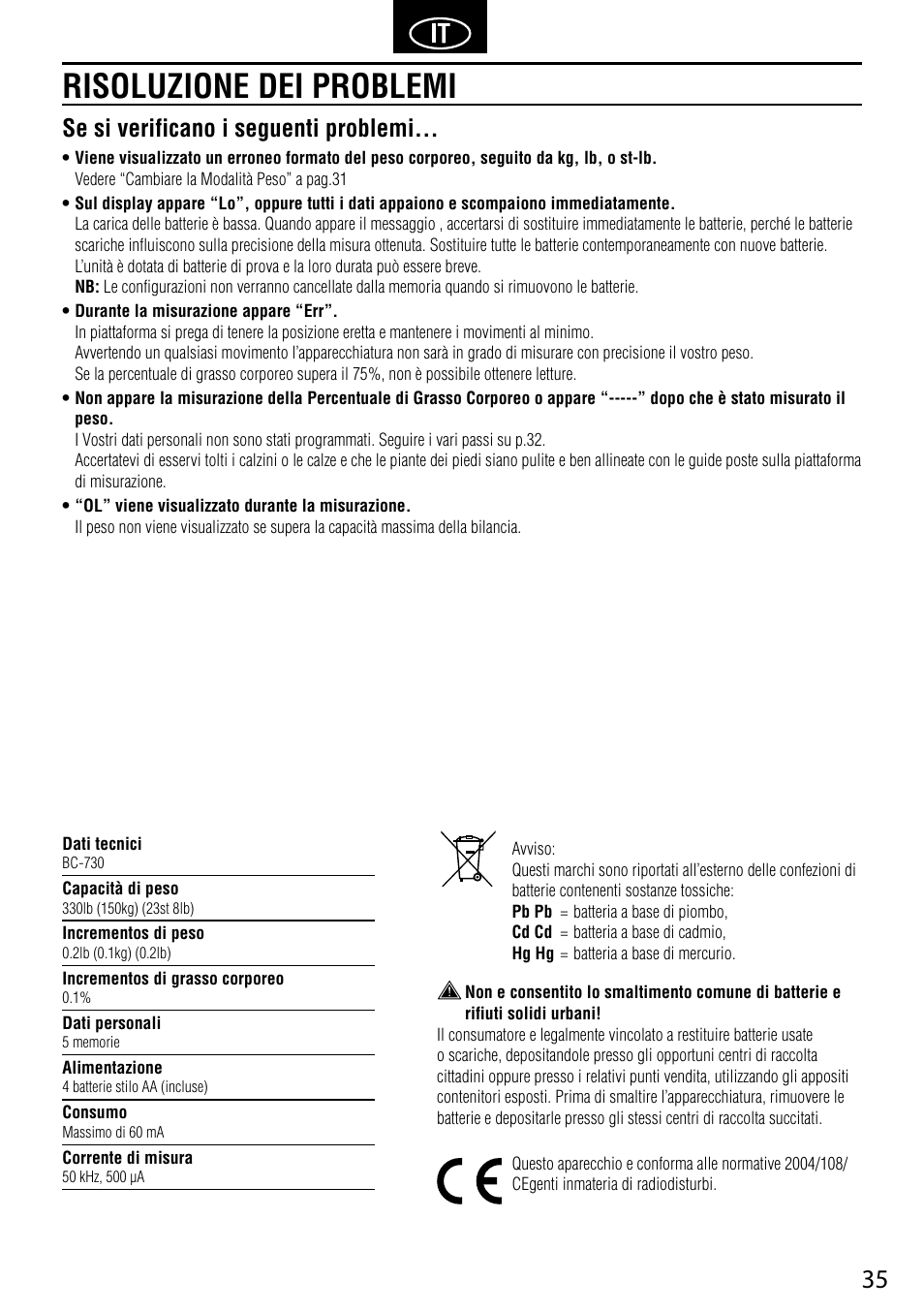 Risoluzione dei problemi, Se si verificano i seguenti problemi | Tanita BC-730 User Manual | Page 37 / 52