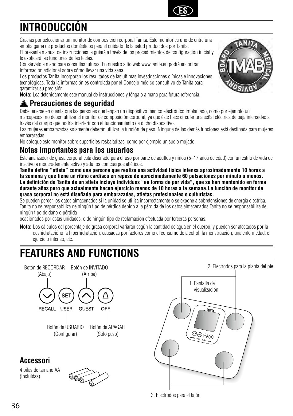 Introducción features and functions, Precauciones de seguridad, Notas importantes para los usuarios | Accessori | Tanita BC-730 User Manual | Page 38 / 52