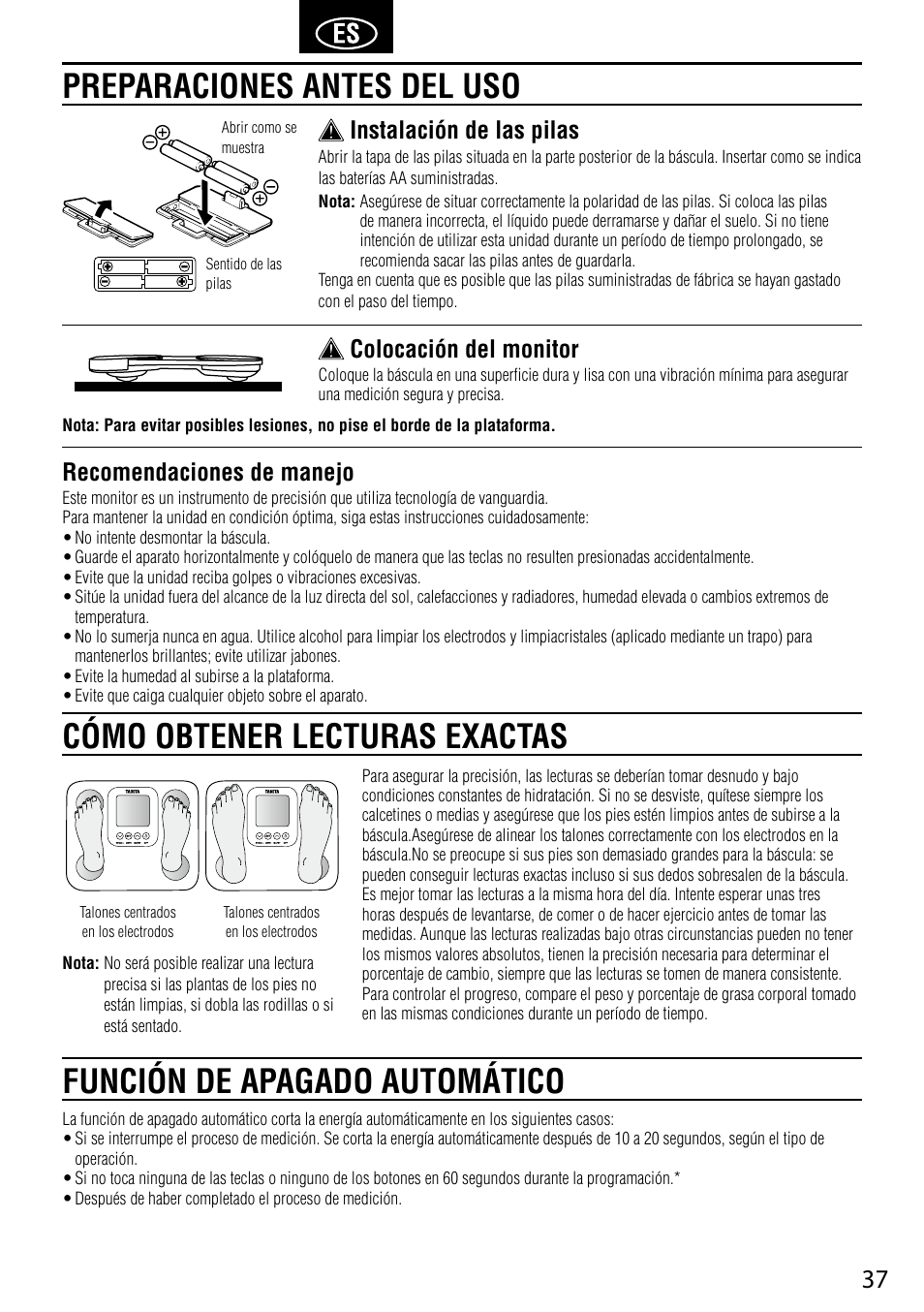 Recomendaciones de manejo, Instalación de las pilas, Colocación del monitor | Tanita BC-730 User Manual | Page 39 / 52