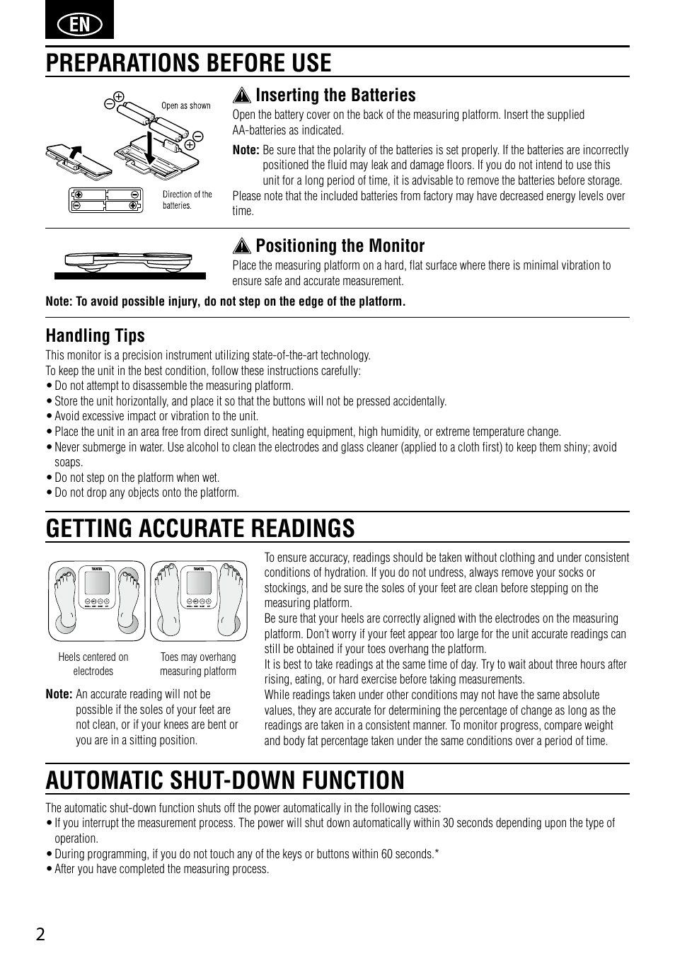Handling tips, Inserting the batteries, Positioning the monitor | Tanita BC-730 User Manual | Page 4 / 52