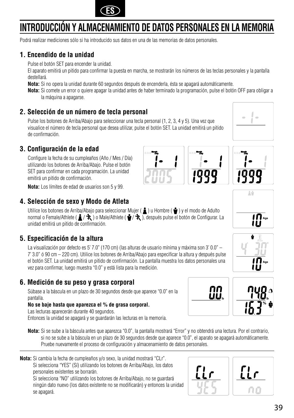 Encendido de la unidad, Selección de un número de tecla personal, Configuración de la edad | Selección de sexo y modo de atleta, Especificación de la altura, Medición de su peso y grasa corporal | Tanita BC-730 User Manual | Page 41 / 52