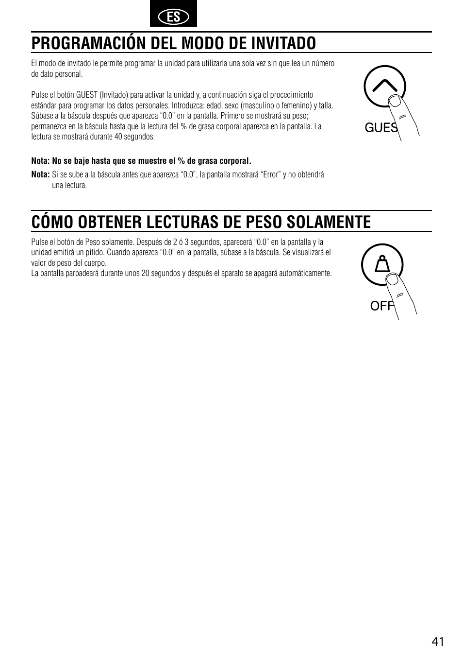 Programación del modo de invitado, Cómo obtener lecturas de peso solamente | Tanita BC-730 User Manual | Page 43 / 52