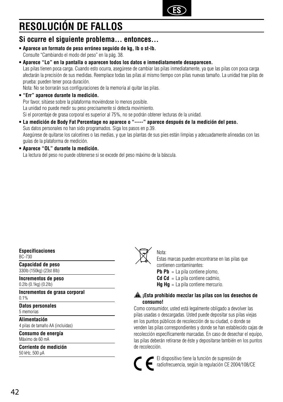 Resolución de fallos, Si ocurre el siguiente problema... entonces | Tanita BC-730 User Manual | Page 44 / 52