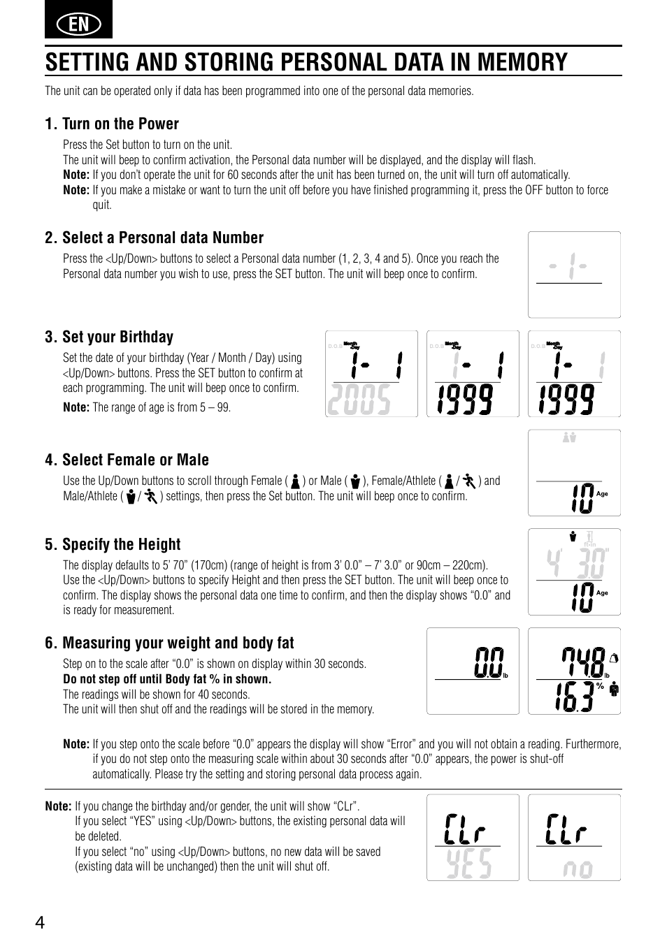 Turn on the power, Select a personal data number, Set your birthday | Select female or male, Specify the height, Measuring your weight and body fat | Tanita BC-730 User Manual | Page 6 / 52