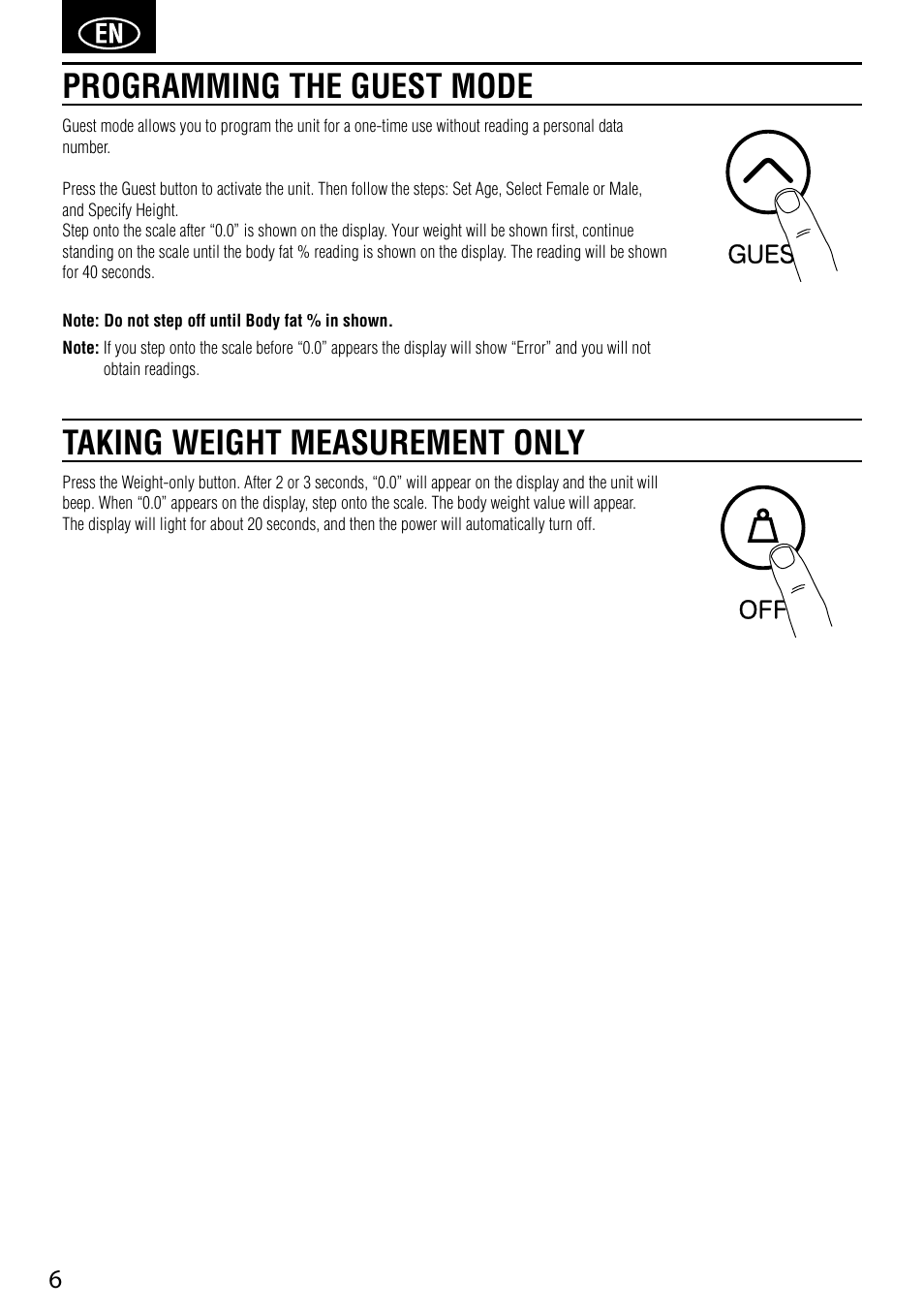 Programming the guest mode, Taking weight measurement only | Tanita BC-730 User Manual | Page 8 / 52