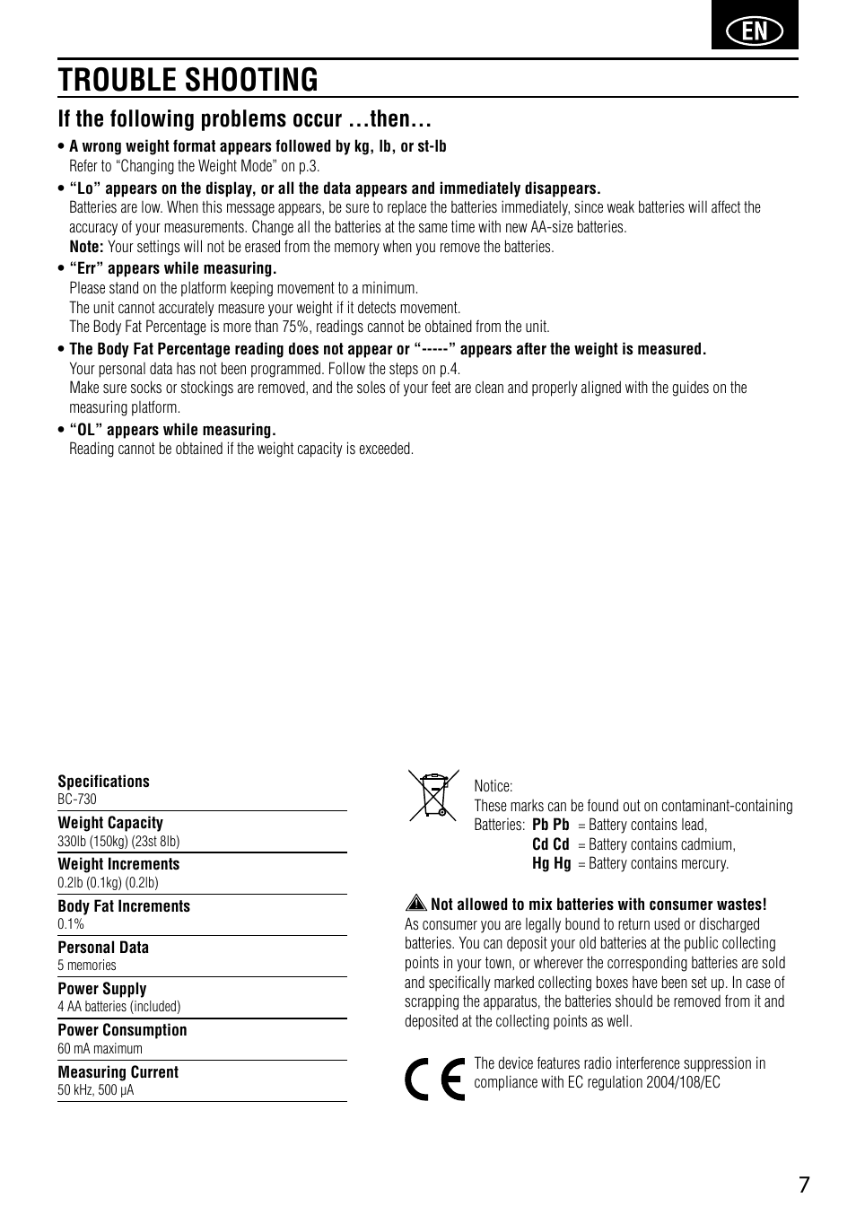Trouble shooting, If the following problems occur ...then | Tanita BC-730 User Manual | Page 9 / 52