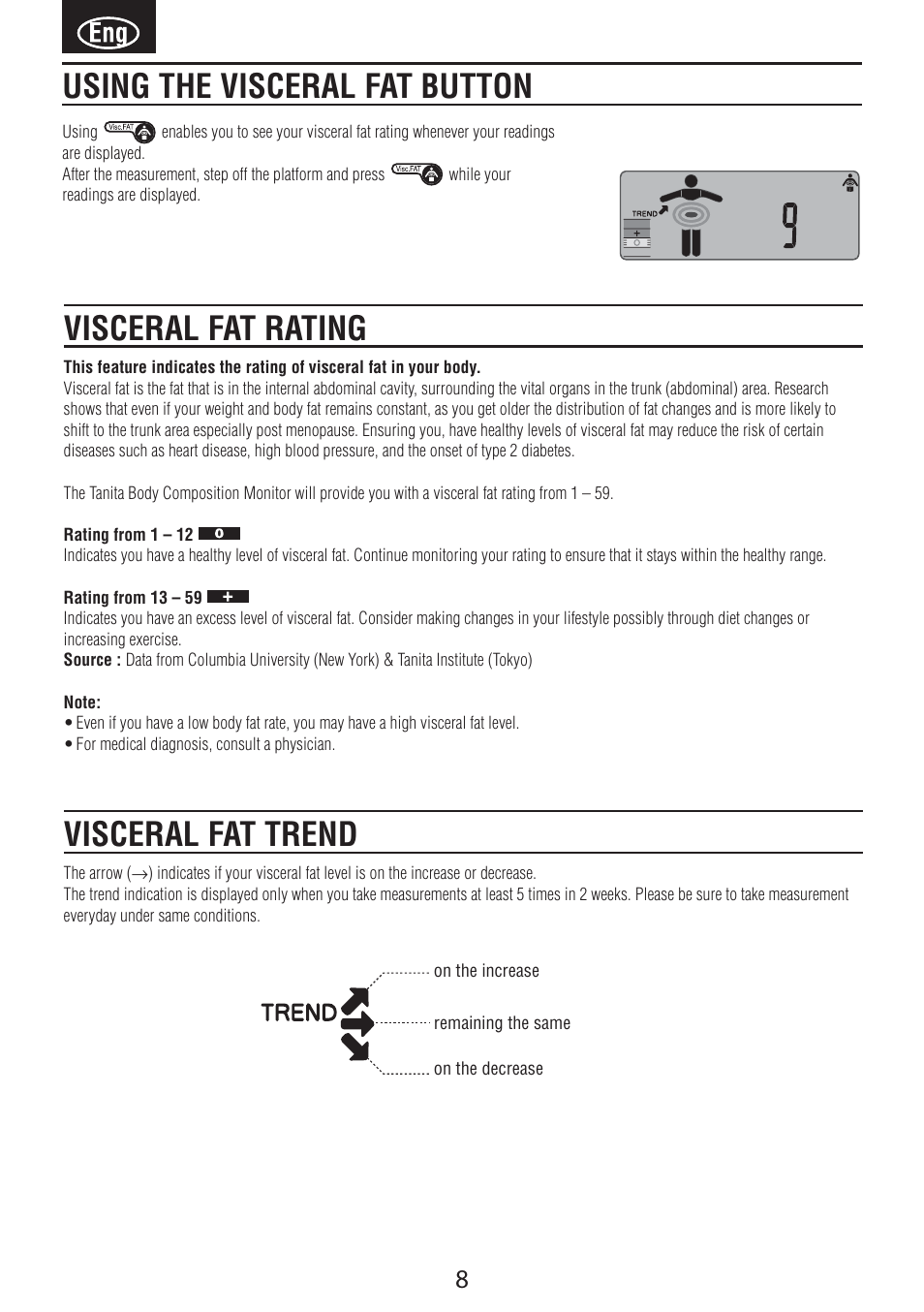 Using the visceral fat button, Visceral fat rating, Visceral fat trend | Tanita BC-601 User Manual | Page 10 / 80