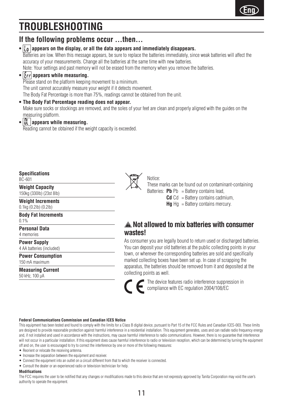 Troubleshooting, Not allowed to mix batteries with consumer wastes, If the following problems occur ...then | Tanita BC-601 User Manual | Page 13 / 80