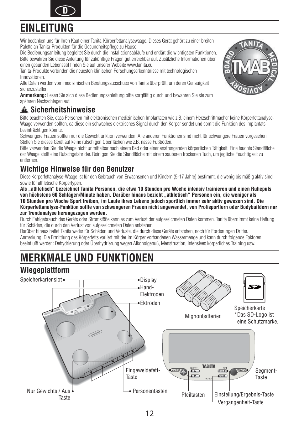 Einleitung merkmale und funktionen, Sicherheitshinweise, Wichtige hinweise für den benutzer | Wiegeplattform | Tanita BC-601 User Manual | Page 14 / 80