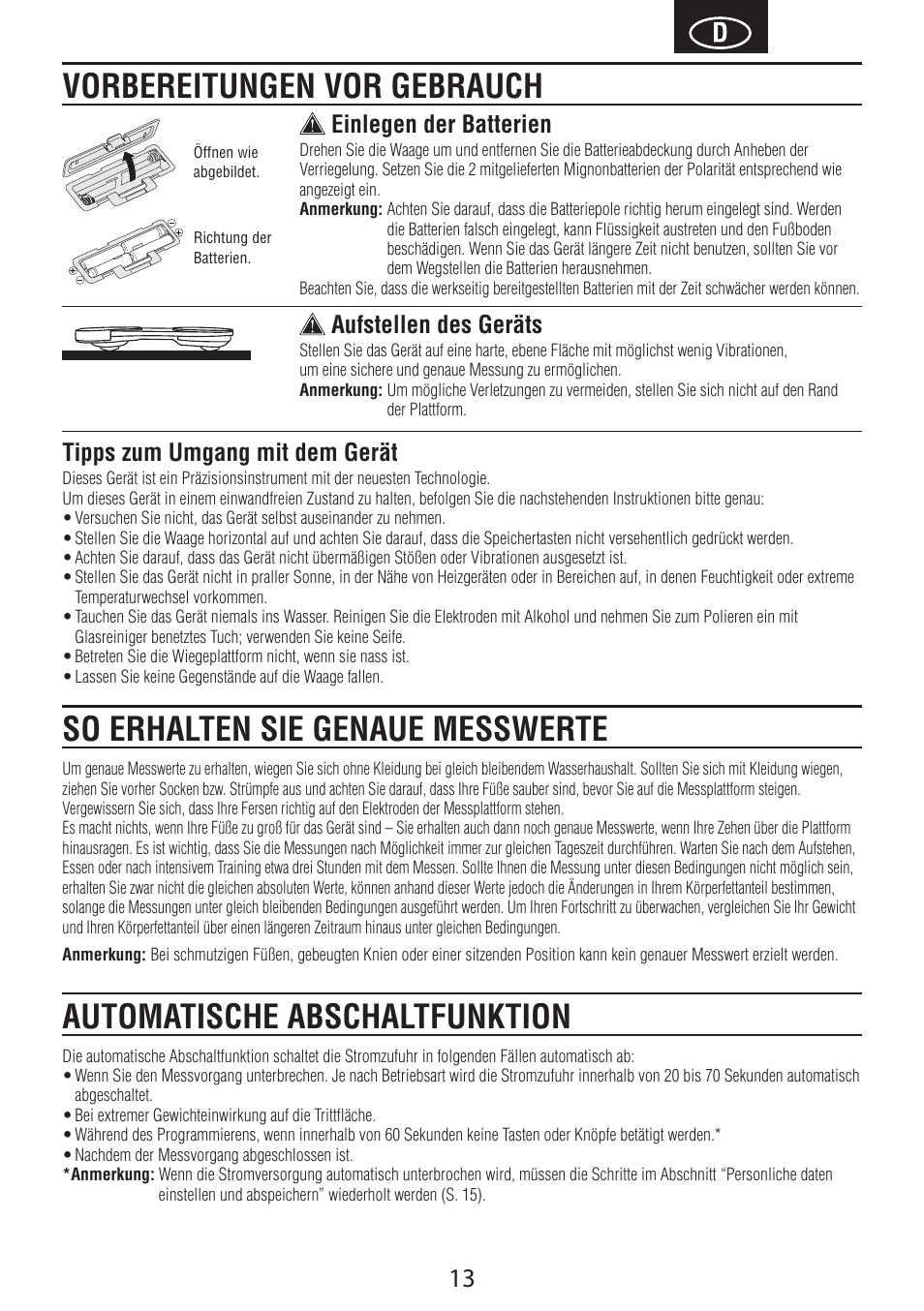 Tipps zum umgang mit dem gerät, Einlegen der batterien, Aufstellen des geräts | Tanita BC-601 User Manual | Page 15 / 80