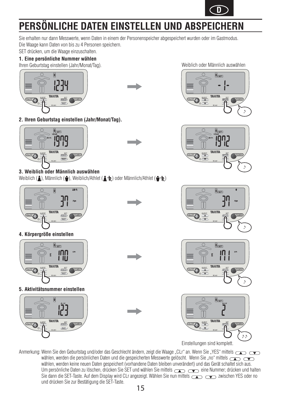 Persönliche daten einstellen und abspeichern | Tanita BC-601 User Manual | Page 17 / 80