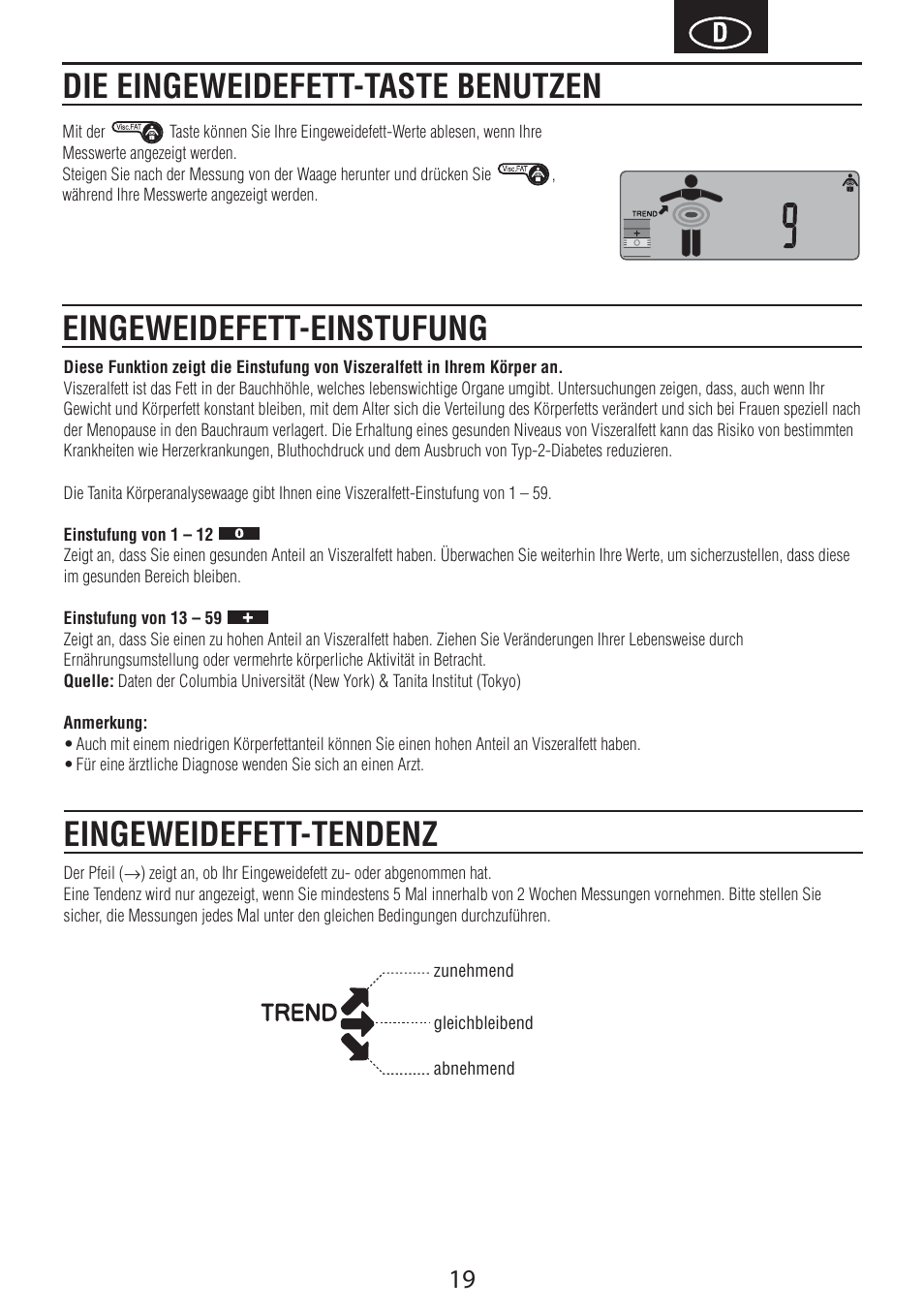 Die eingeweidefett-taste benutzen, Eingeweidefett-einstufung, Eingeweidefett-tendenz | Tanita BC-601 User Manual | Page 21 / 80