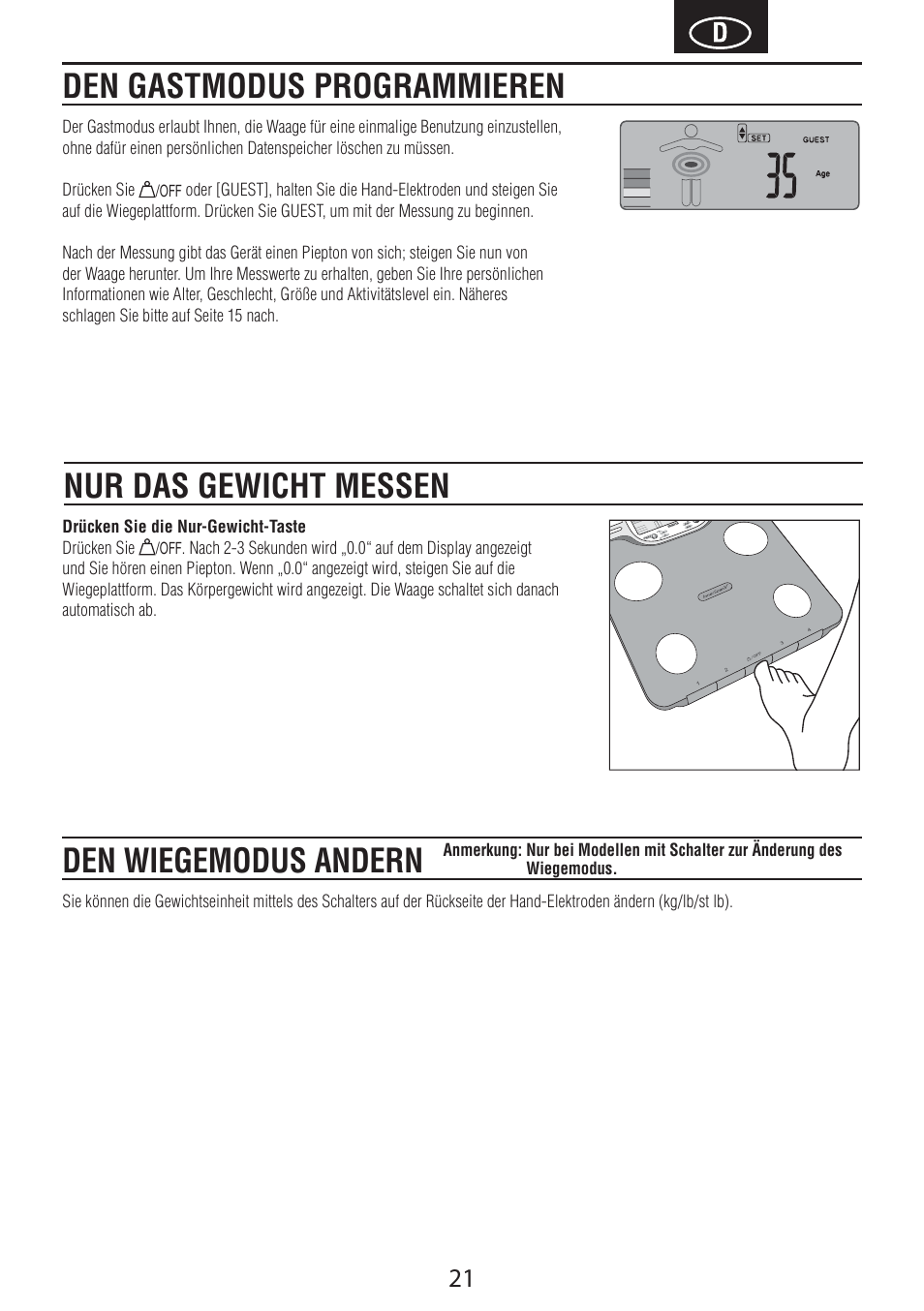 Den gastmodus programmieren nur das gewicht messen, Den wiegemodus andern | Tanita BC-601 User Manual | Page 23 / 80