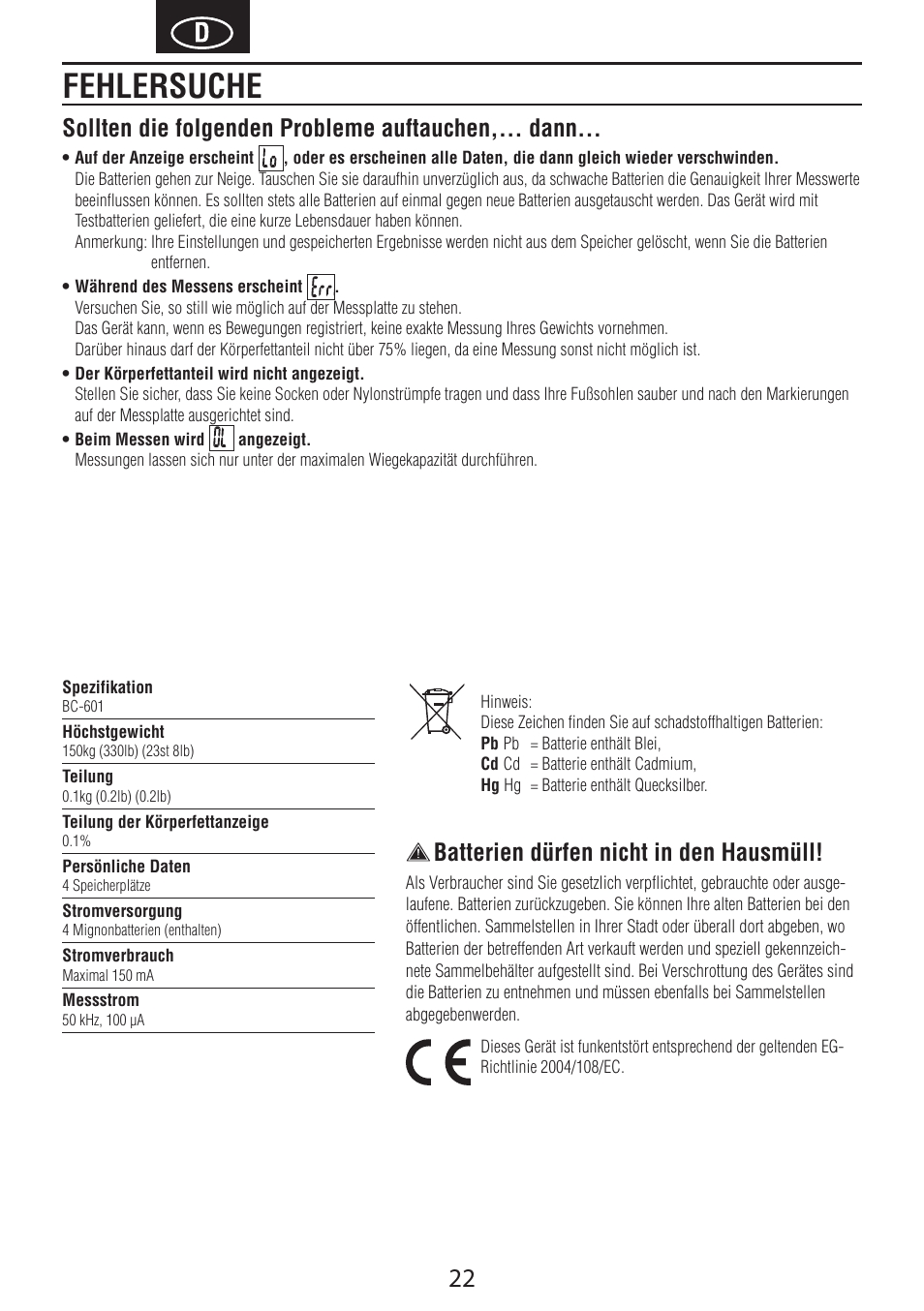 Fehlersuche, Sollten die folgenden probleme auftauchen,... dann, Batterien dürfen nicht in den hausmüll | Tanita BC-601 User Manual | Page 24 / 80
