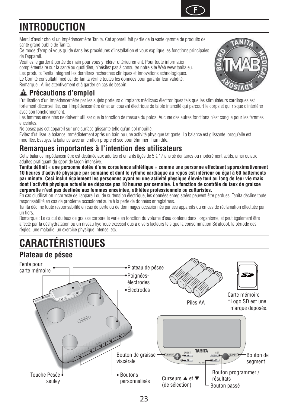 Introduction caractéristiques, Précautions d’emploi, Plateau de pésee | Tanita BC-601 User Manual | Page 25 / 80