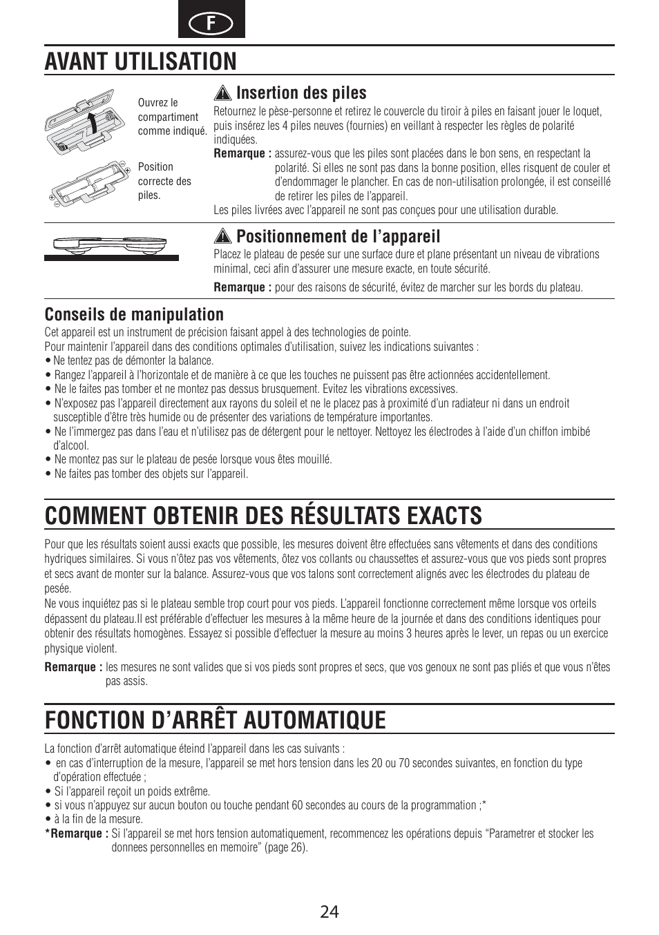 Conseils de manipulation, Insertion des piles, Positionnement de l’appareil | Tanita BC-601 User Manual | Page 26 / 80