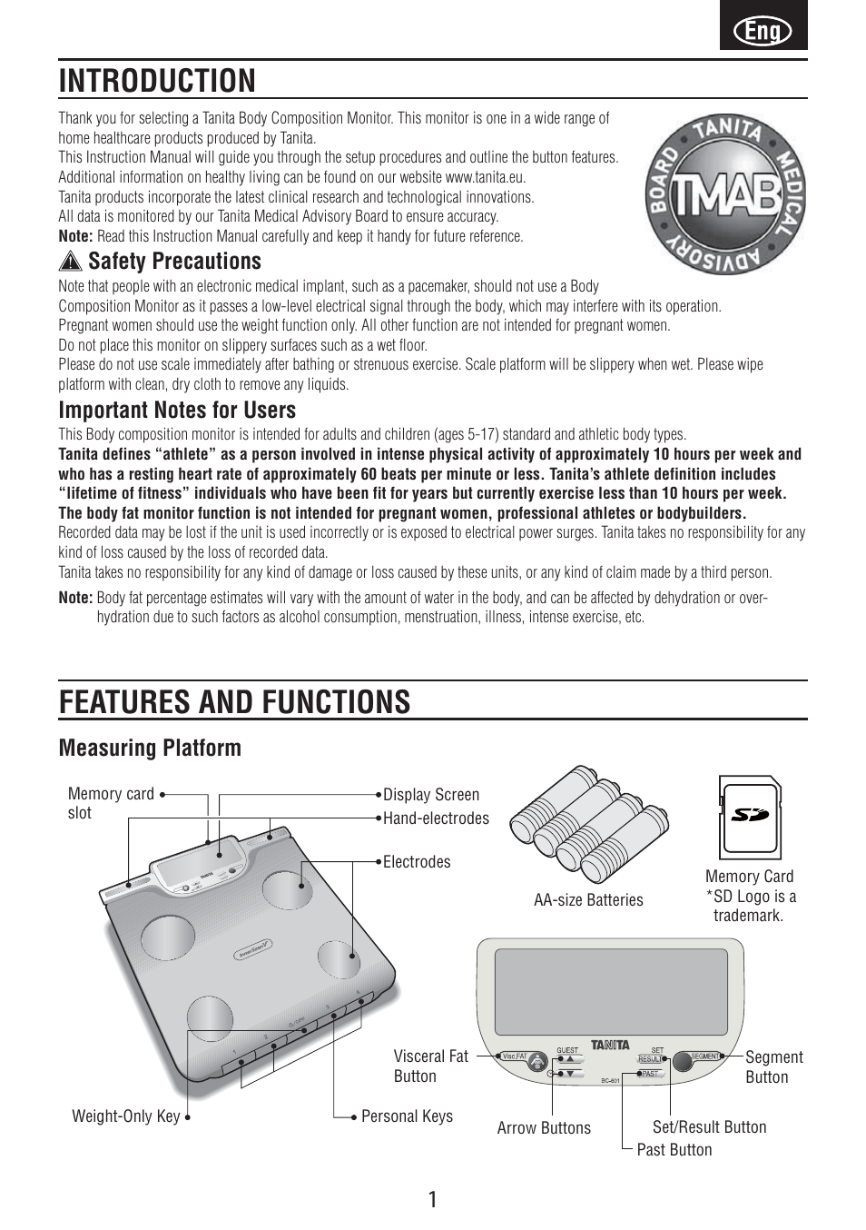 Introduction features and functions, Safety precautions, Measuring platform | Tanita BC-601 User Manual | Page 3 / 80