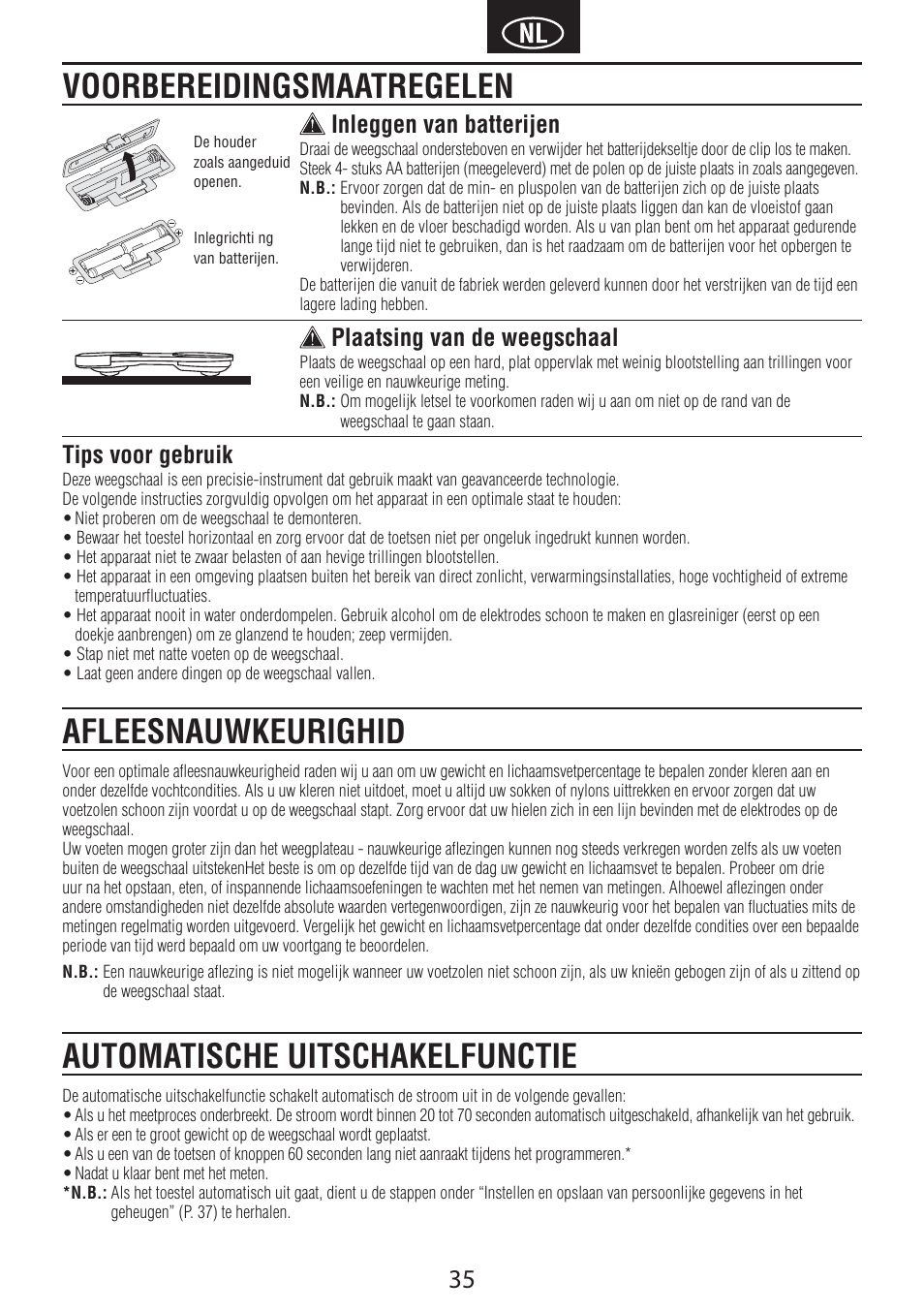 Tips voor gebruik, Inleggen van batterijen, Plaatsing van de weegschaal | Tanita BC-601 User Manual | Page 37 / 80
