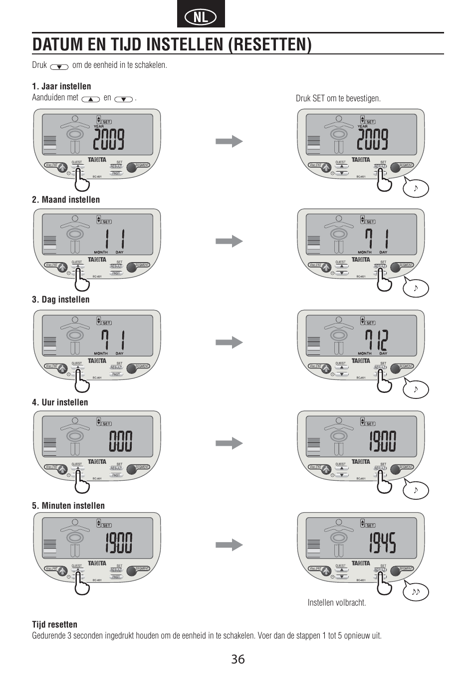 Datum en tijd instellen (resetten) | Tanita BC-601 User Manual | Page 38 / 80