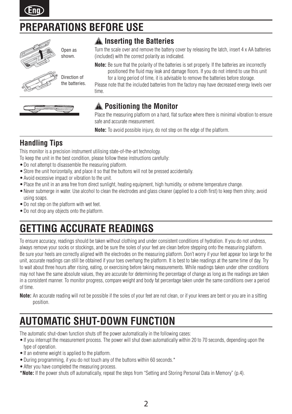 Handling tips, Inserting the batteries, Positioning the monitor | Tanita BC-601 User Manual | Page 4 / 80