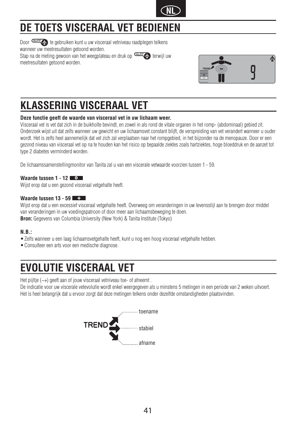 De toets visceraal vet bedienen, Klassering visceraal vet, Evolutie visceraal vet | Tanita BC-601 User Manual | Page 43 / 80