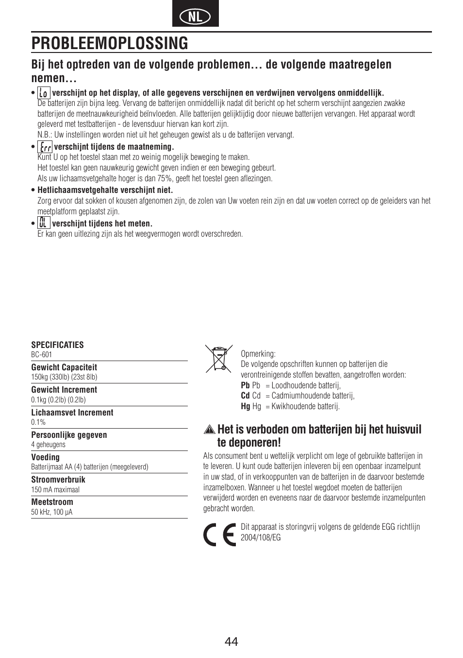 Probleemoplossing | Tanita BC-601 User Manual | Page 46 / 80