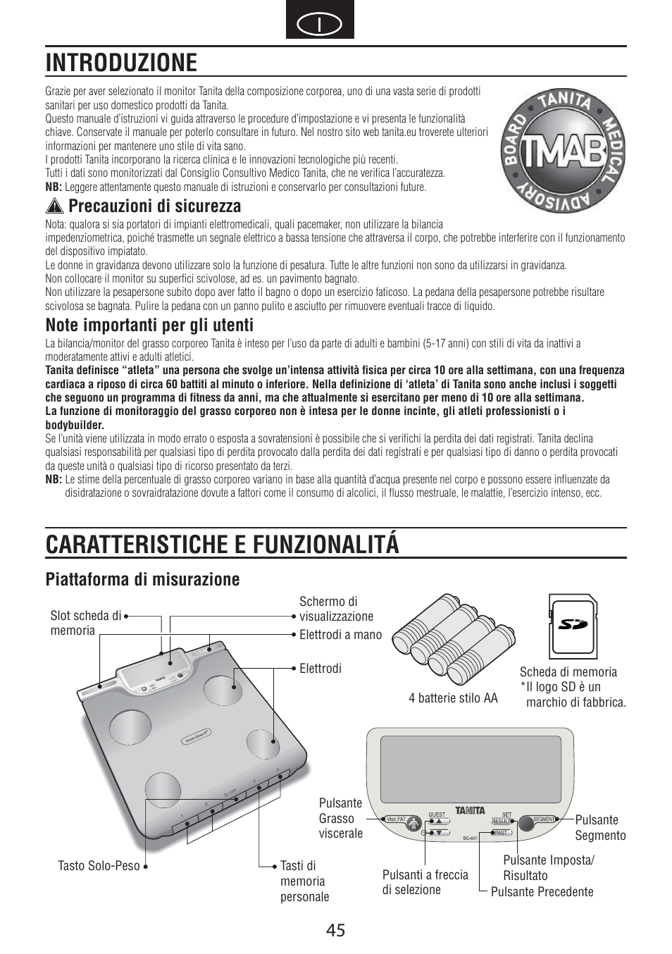 Introduzione caratteristiche e funzionalitá, Precauzioni di sicurezza, Piattaforma di misurazione | Tanita BC-601 User Manual | Page 47 / 80