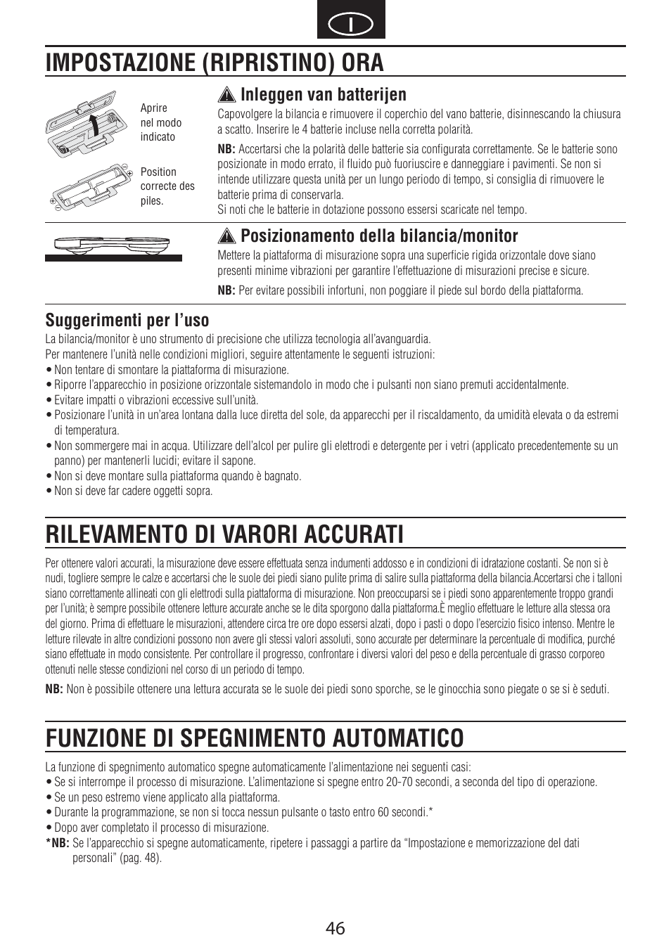 Suggerimenti per l’uso, Inleggen van batterijen, Posizionamento della bilancia/monitor | Tanita BC-601 User Manual | Page 48 / 80