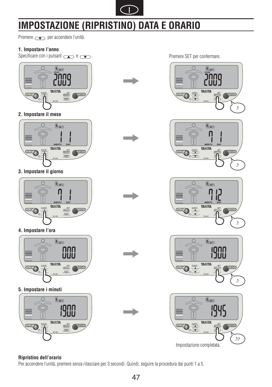 Impostazione (ripristino) data e orario | Tanita BC-601 User Manual | Page 49 / 80