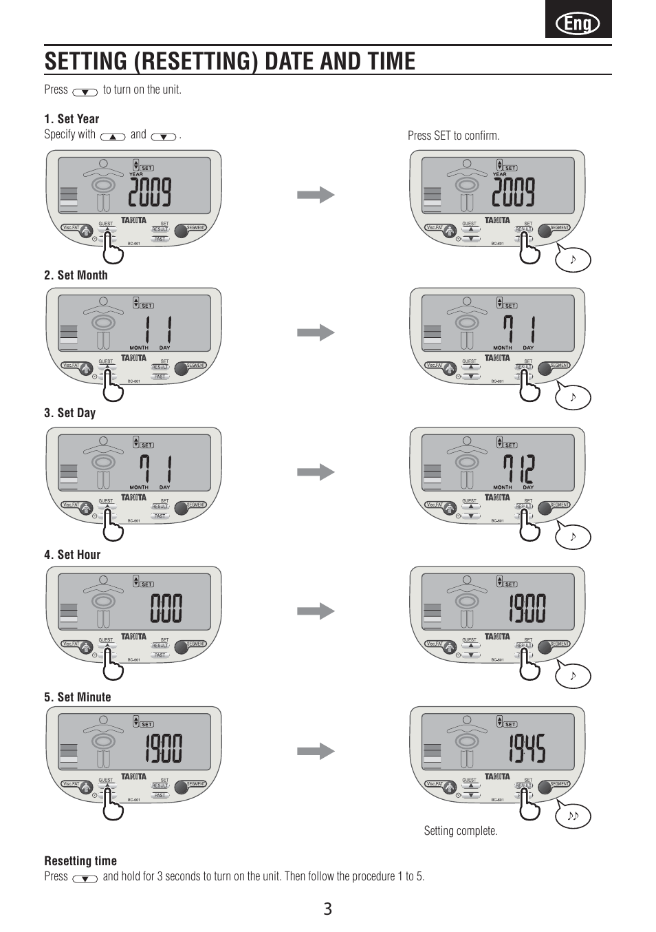 Setting (resetting) date and time | Tanita BC-601 User Manual | Page 5 / 80