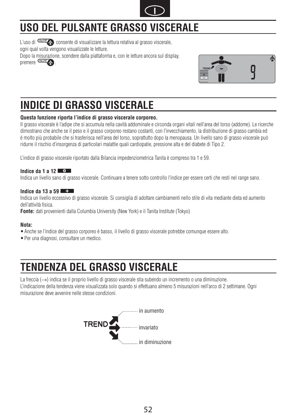 Uso del pulsante grasso viscerale, Indice di grasso viscerale, Tendenza del grasso viscerale | Tanita BC-601 User Manual | Page 54 / 80