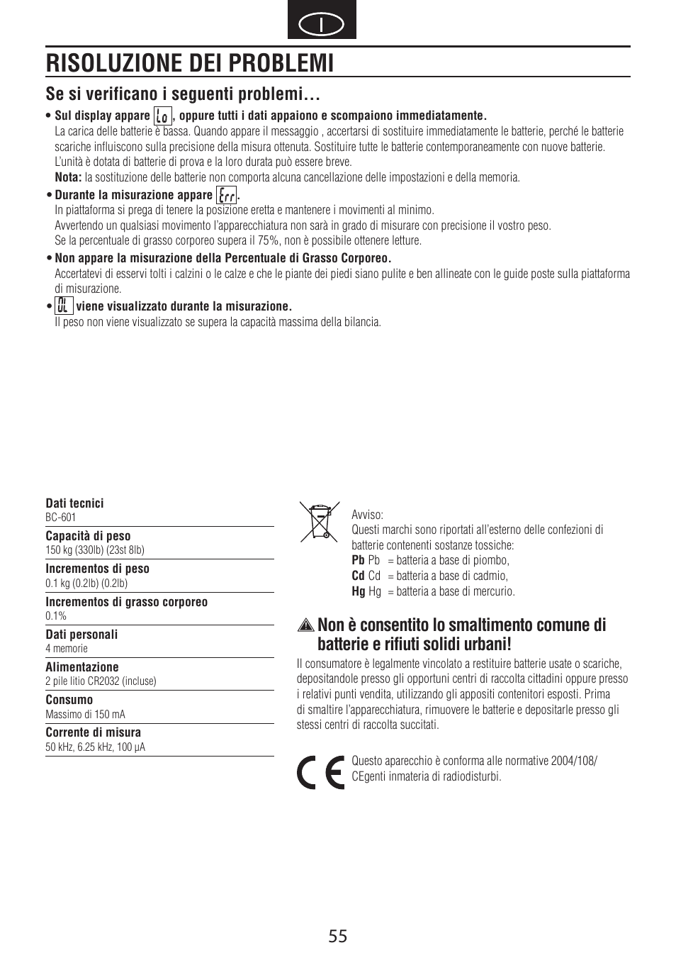 Risoluzione dei problemi, Se si verificano i seguenti problemi | Tanita BC-601 User Manual | Page 57 / 80