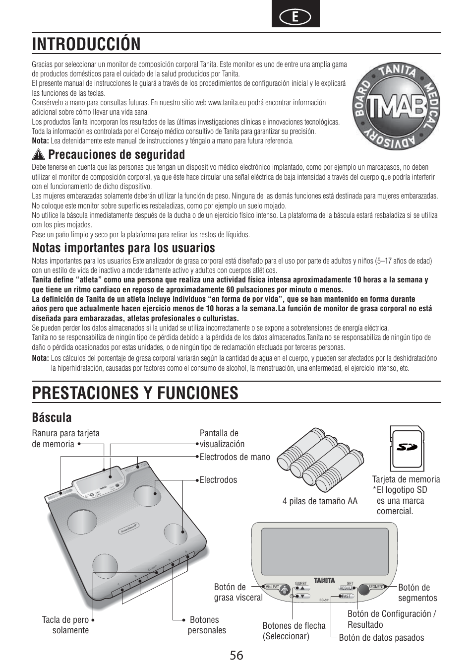 Introducción prestaciones y funciones, Precauciones de seguridad, Notas importantes para los usuarios | Báscula | Tanita BC-601 User Manual | Page 58 / 80