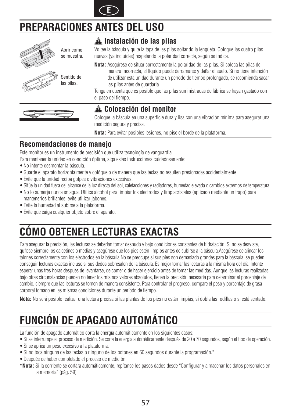 Recomendaciones de manejo, Instalación de las pilas, Colocación del monitor | Tanita BC-601 User Manual | Page 59 / 80