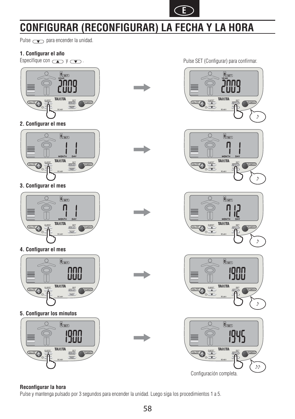 Configurar (reconfigurar) la fecha y la hora | Tanita BC-601 User Manual | Page 60 / 80