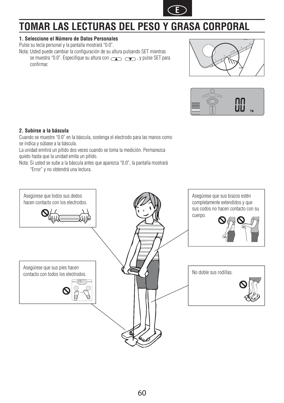 Tomar las lecturas del peso y grasa corporal | Tanita BC-601 User Manual | Page 62 / 80