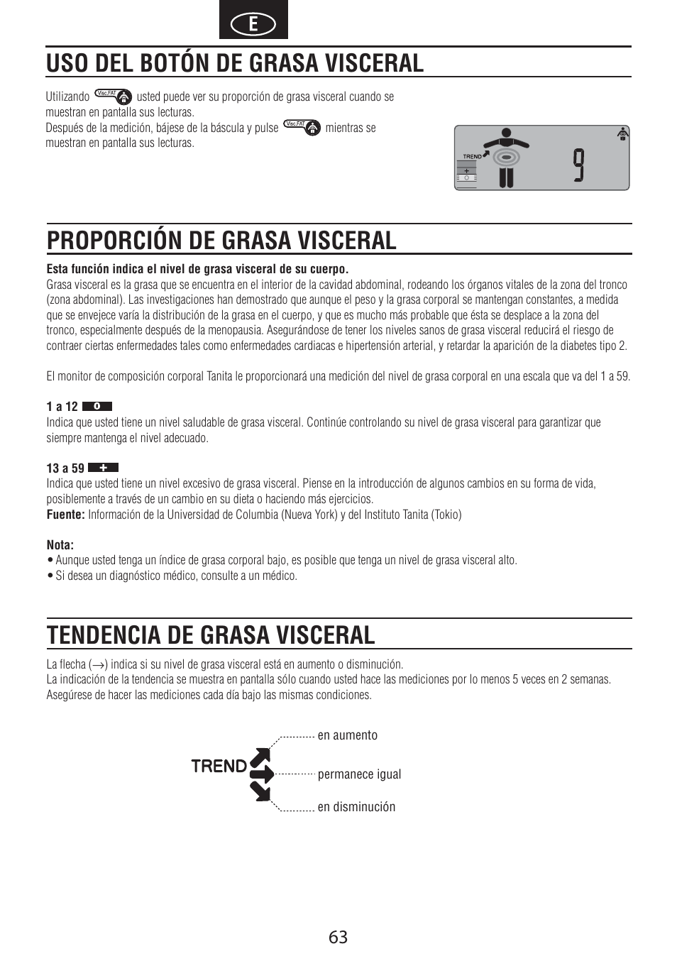 Uso del botón de grasa visceral, Proporción de grasa visceral, Tendencia de grasa visceral | Tanita BC-601 User Manual | Page 65 / 80