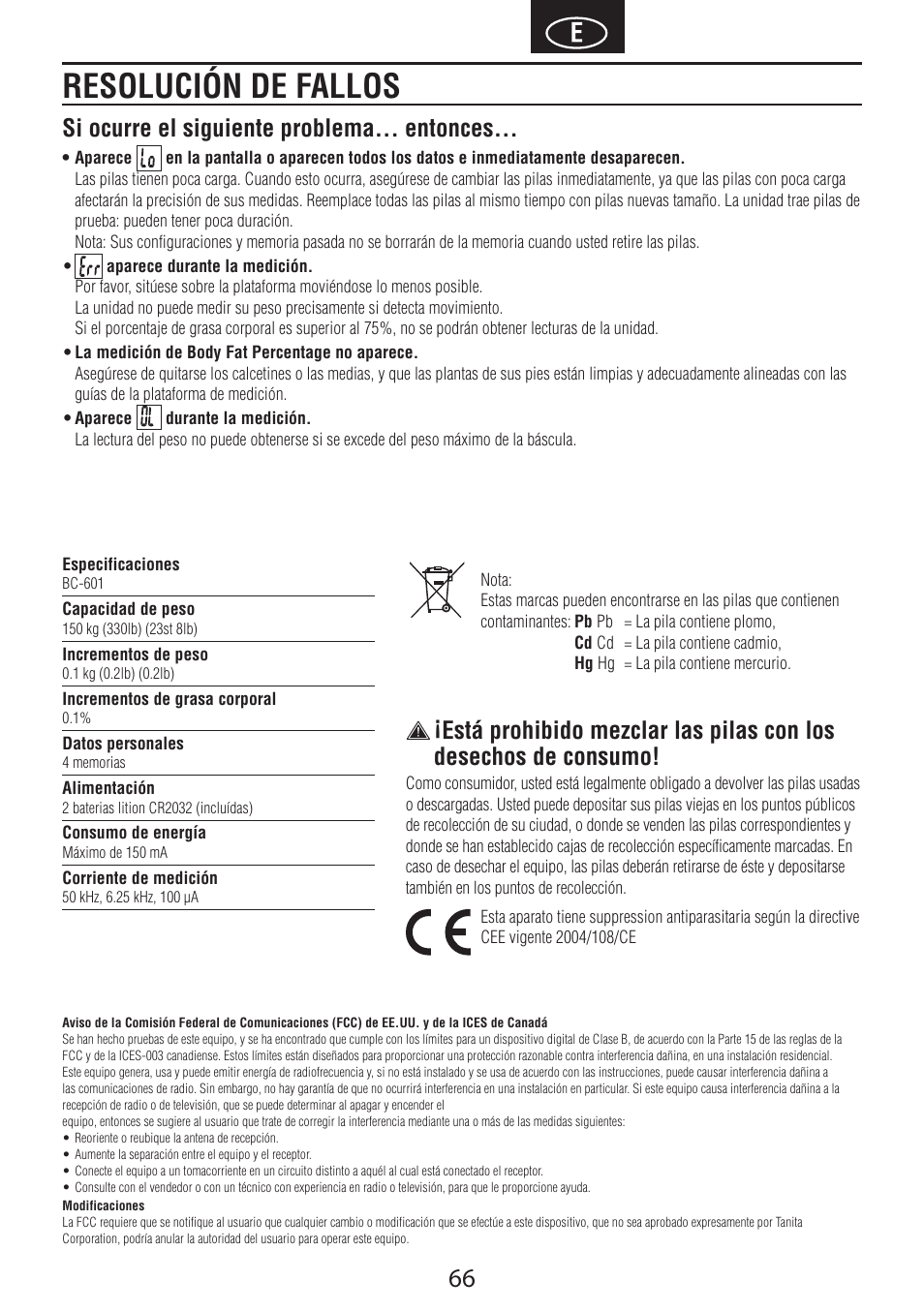 Resolución de fallos, Si ocurre el siguiente problema... entonces | Tanita BC-601 User Manual | Page 68 / 80