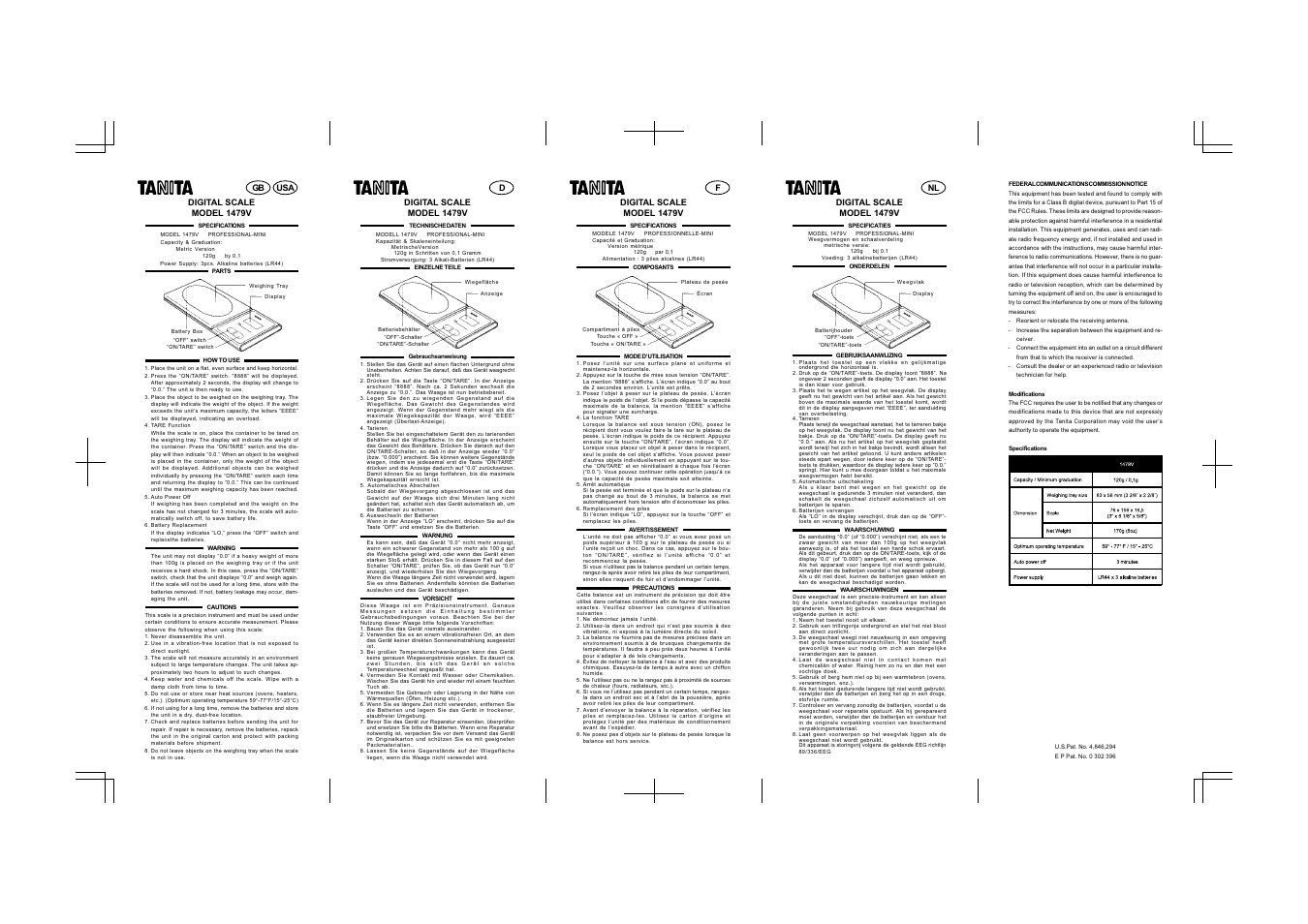 Tanita 1479V User Manual | 2 pages