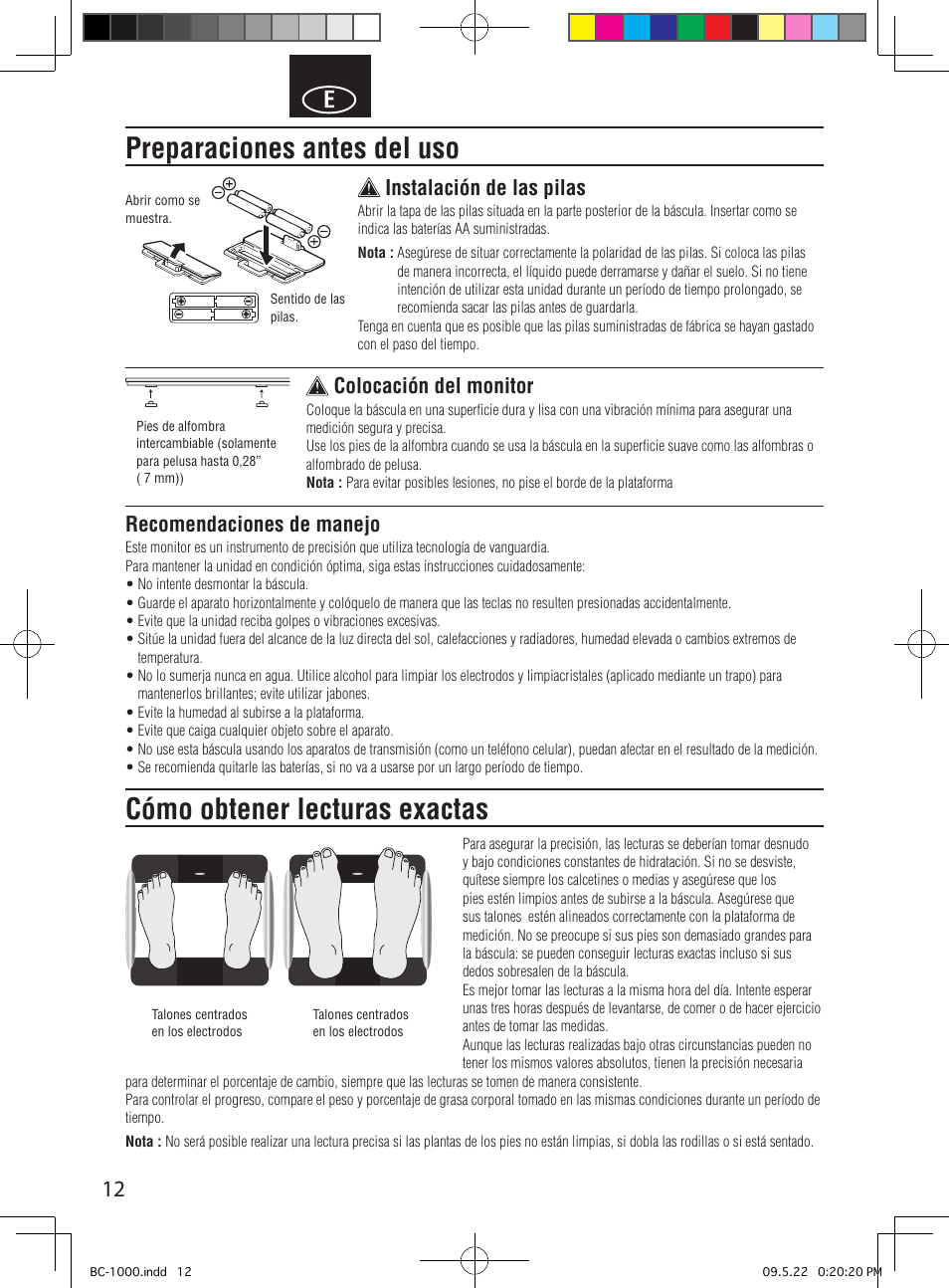 Preparaciones antes del uso, Cómo obtener lecturas exactas, Instalación de las pilas | Colocación del monitor, Recomendaciones de manejo | Tanita BC-1000 User Manual | Page 14 / 18