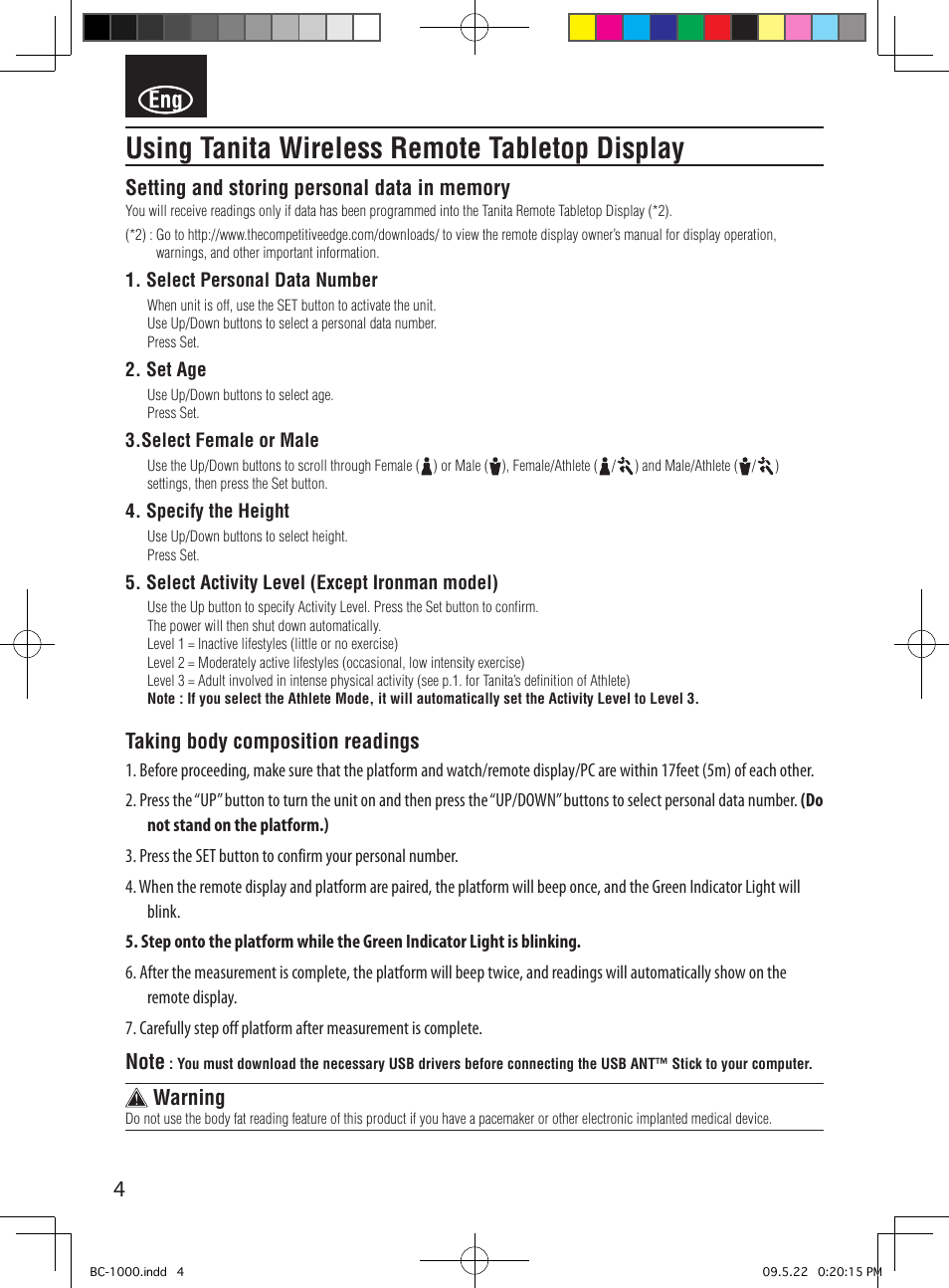 Using tanita wireless remote tabletop display | Tanita BC-1000 User Manual | Page 6 / 18