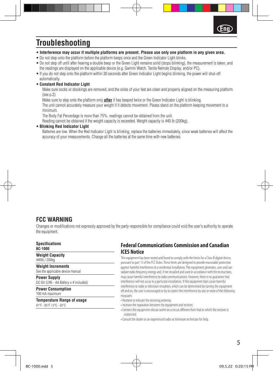 Troubleshooting, Fcc warning | Tanita BC-1000 User Manual | Page 7 / 18