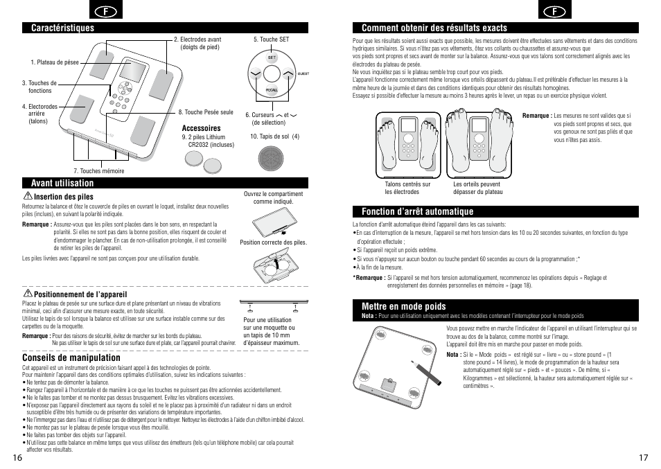 Comment obtenir des résultats exacts, Fonction d’arrêt automatique, Mettre en mode poids | Conseils de manipulation, Avant utilisation, Caractéristiques | Tanita BC-351 User Manual | Page 10 / 27