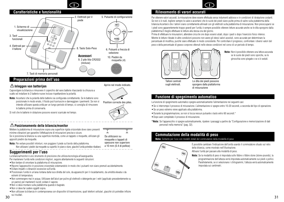 0  rilevamento di varori accurati, Funzione di spegnimento automatico, Commutazione della modalità di peso | Suggerimenti per l’uso, Preparazioni prima dell’uso, Caratteristiche e funzionalitá | Tanita BC-351 User Manual | Page 17 / 27